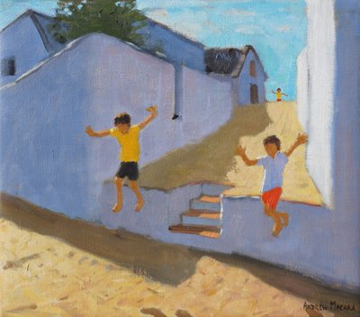 Sprung von einer Mauer, Mykonos, 2015 von Andrew Macara